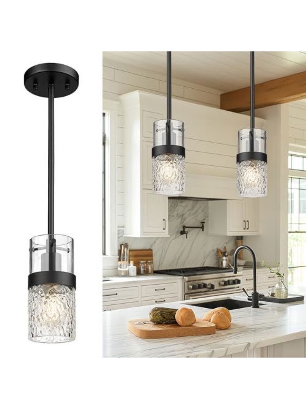 Modern Black Glass Pendant Light - Clear Textured Shade
